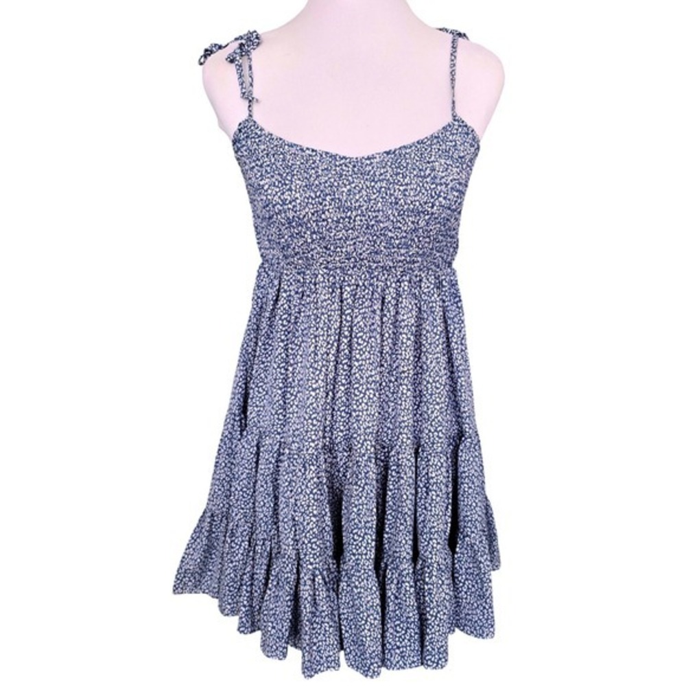 MABLE Navy Blue White Ditsy Floral Smocked Tiered Mini Dress Women's Size Medium